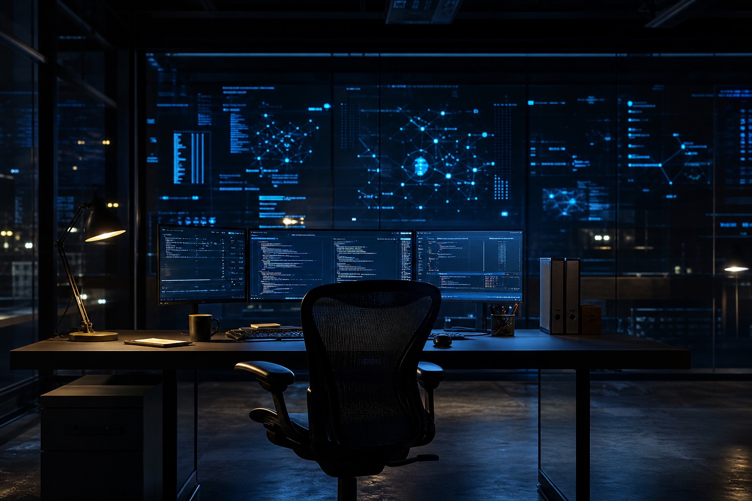 A modern technology workspace with software systems displayed on screens